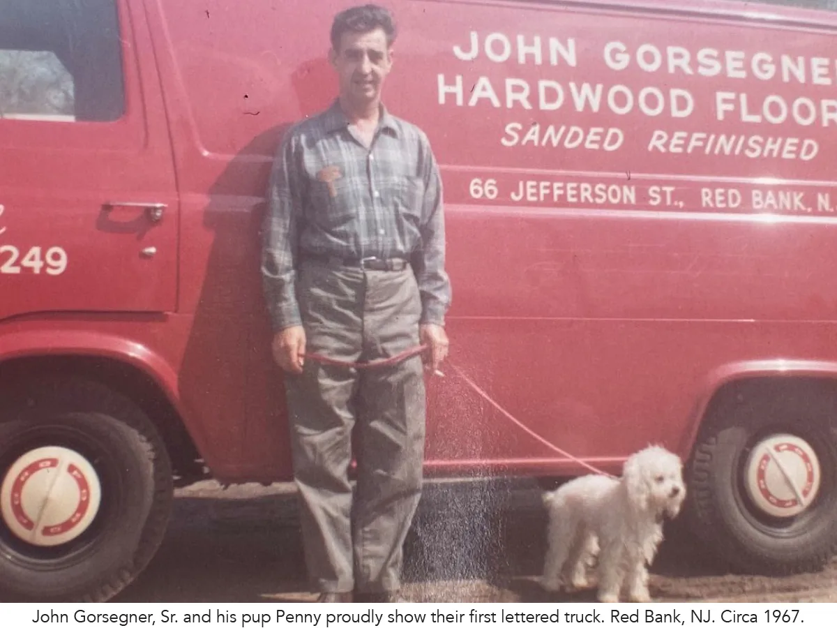 John Gorsegner Sr. with his pup Penny and his first lettered truck, Red Bank NJ, 1967